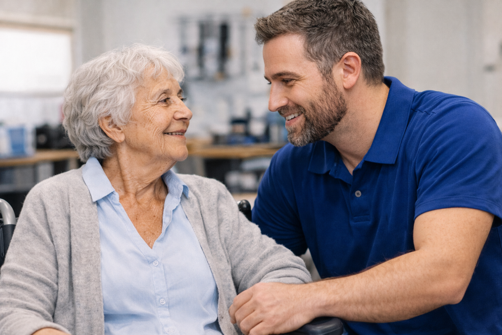 Male person assisting an elderly woman